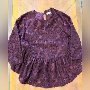 Altar'd State Dark Purple Fuzzy Flower Pattern 3/4 Sleeve W/Peplum Hem Medium